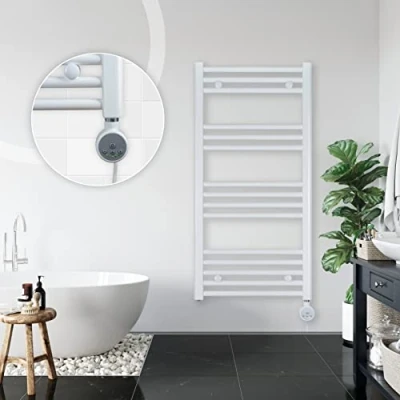 Immagine di anapont Scaldasalviette elettrico da bagno, 1000 h x 500 b, bianco, con termostato regolazione della temperatura ambiente, funzione timer, riscaldamento bagno elettrico,