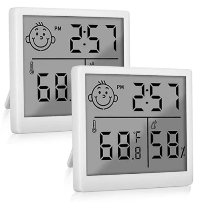 Immagine di termometro igrometro interno 2 misuratori di umidità digitale per ambienti interni con orologio, indicatore Smiley, camera dei bambini, soggiorno, ufficio, bianco