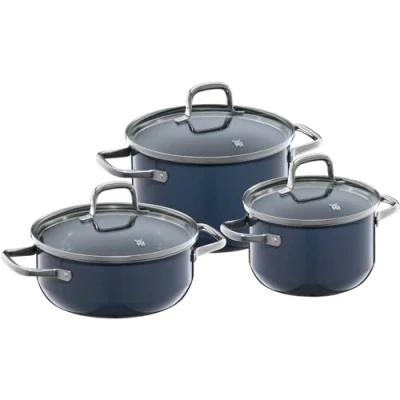 Immagine di WMF Fusiontec Essential set di pentole a induzione, 3 pezzi, con coperchio in vetro, ceramica high tech, antigraffio, non rivestite, blu scuro
