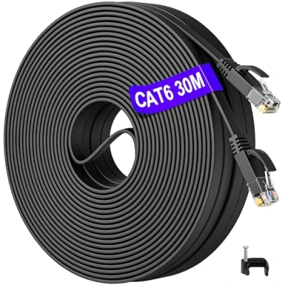 Immagine di Soibke Cavo Ethernet 30 Metri, Cat 6 Lan metri di Rete Lungo Piatto, Internet ad Alta Velocità 1000Mbit/s, Gigabit Nero Rj45 30m per Esterno Interno Patch Router Modem