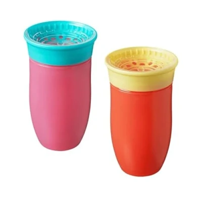 Immagine di Nuby All Around Borraccia antigoccia, 300 ml, per bere da qualsiasi angolazione, lavabile in lavastoviglie, senza BPA, adatta bambini dai 6 mesi su, confezione 2, colore: rosa/arancione