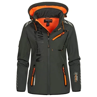 Immagine di Geographical Norway Reine Lady Giacca Cappuccio Softshell Impermeabile Donna Giubbotto Antivento Attività Escursioni Running Autunno Inverno Primavera (Grigio Scuro Arancione XXL)