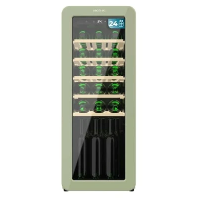 Immagine di Cecotec Cantinetta 24 Bottiglie Retrò Bolero Grandsommelier Origin Hit Green. Finitura Verde Controllo Led, Temp. 5 20ºC, NoFrost, Ripiani In Legno, Luce Interna, Ventilazione