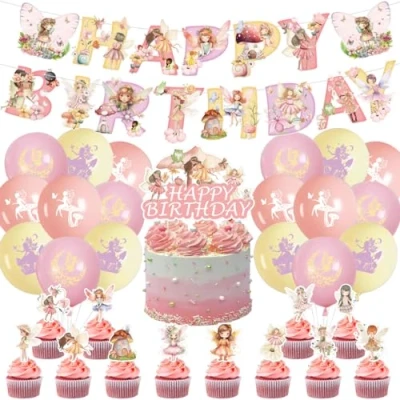 Immagine di Ragazza Compleanno,Doyomtoy 32 Pezzi Decorazioni Compleanno Fiori di Fata Palloncini Feste per Striscione Cake Topper Bambini Farfalla Favors