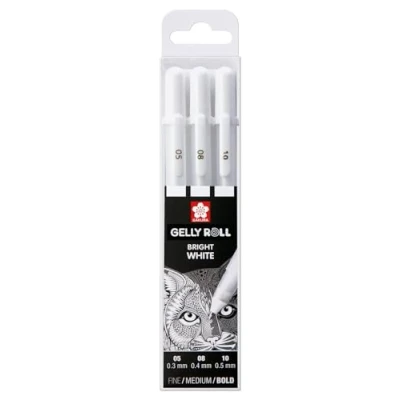 Immagine di Sakura Gelly Roll White, 3 penne Bright White in una custodia, Mix Size 05/08/10 + Set di Basic, bianco 08 ET Pigma Micron Nero 05