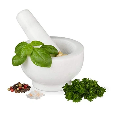Immagine di Relaxdays Mortaio &amp; Pestello in Marmo, Robusto Resistente, Erbe Aromatiche, Pietra Lucida, V 120ml, Ø 10, Bianco