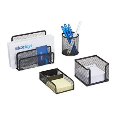 Immagine di Relaxdays Set da Scrivania Ufficio, 4 Accessori, Portacarte, Portapenne, Contenitore Foglietti e Graffette, Mesh, Nero