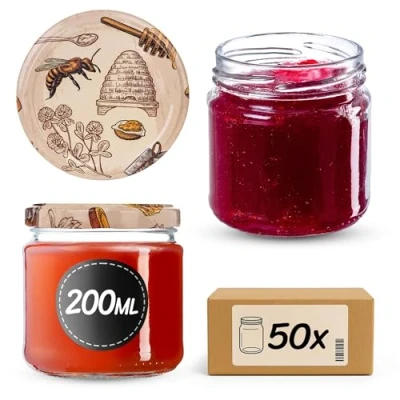 Immagine di KADAX Piccoli vasetti per conserve da 200 ml, fi66 mm, mini miele e spezie, ermetici, conserve, bicchieri, rotondi (miele di trifoglio, 50 pezzi)