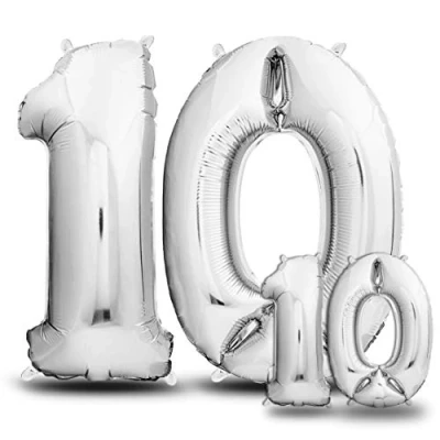 Immagine di envami® Palloncini Compleanno 10 Anni Argento 101 CM + 40 Palloncino Numero Numeri Gonfiabili Decorazioni Vola con l&#039;Elio