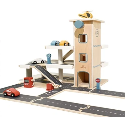 Immagine di Little Log Parcheggio in legno auto garage con accessori, ascensore, elicottero (70 x 50 36,5 cm)