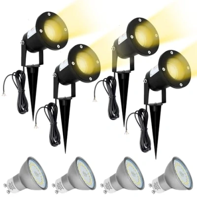 Immagine di Wondlumi 4 Pezzi Faretto Led da Esterno Giardino GU10,5W Luci IP65 Calda 3000K,Lampione con Picchetto 500LM Incluse Lampadina GU10 per Sentieri,Prato,Cortile