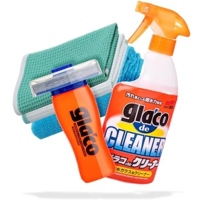 Immagine di detailmate 5 pezzi Sigillante per vetro Bundle Soft99 Glaco DX 110 ml con perfetto effetto loto + Soft 99 de Cleaner detergente vetri 400 ml, panno in microfibra 40 x cm