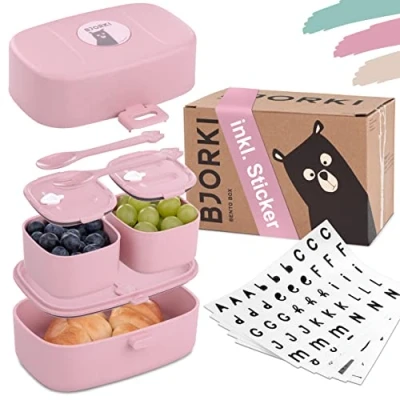 Immagine di BJORKI® Bento Box per bambini con adesivo il nome Bonus Contenitore pranzo a prova di perdite scomparti sostenibile l&#039;asilo e la scuola