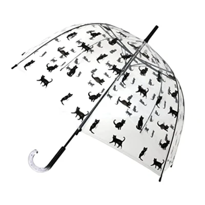 Immagine di SMARTBULLE Ombrello trasparente a bolle lunghe Solido; Apertura automatica; Diametro=85cm; da donna; Stampa gatto; forma di cupola.