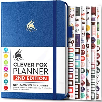 Immagine di Clever Fox Planner 2nd Edition Agenda settimanale e mensile per obiettivi, organizer la gestione del tempo produttività, senza data, A5 (blu mistico)