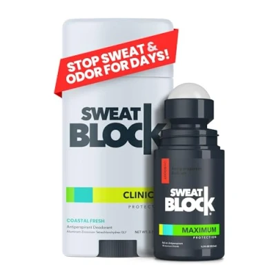 Immagine di SweatBlock Antiperspirant Deodorant Max Clinical System for Men &amp; Women Treat Hyperhidrosis, Excessive Sweating Underarm Odor DRIBOOST [PM] Maximum Strength Roll on + [AM]