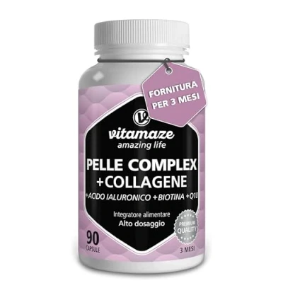 Immagine di Biotina + Collagene e Acido Ialuronico, Integratore Pelle Complex con Coenzima Q10 Vitamina C, 90 Capsule, Idrolizzato per la Pelle, Capelli Ossa, Qualitá Tedesca. Vitamaze®