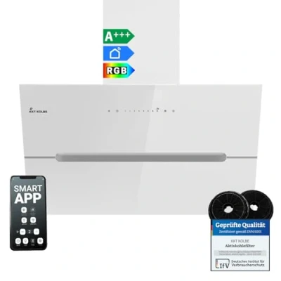 Immagine di Cappa aspirante 80 cm/Cappa Cucina Inclinata/acciaio inossidabile/vetro bianco/WiFi/auto spegnimento/Illuminazione LED RGBW/Operazione di tocco / ECCO8005WM