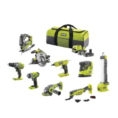 Immagine di Ryobi Confezione di 9 strumenti 18 V ONE+: Trapano, Avvitatore a urti, Smerigliatrice, Multi Tools, Pistola colla, Sega circolare, alternativa, Lampa, Levigatrice + 2 Batterie e