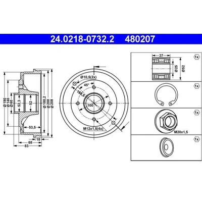Immagine di ATE 24.0218 0732.2 Freni a Tamburo con cuscinetto ruota 208,0 RENAULT: CLIO 2, 1, 2 Kasten