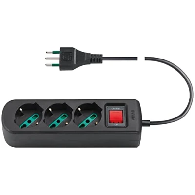 Immagine di Vimar 0R00637.CC Presa multipla con interruttore automatico di protezione e cavo da 1,5 m, 3 uscite SICURY universale standard italiano, spina 10 A nero