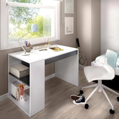 Immagine di Dmora Scrivania Grigna, Scrittoio multiuso da ufficio o cameretta, Tavolo studio lineare con scaffali, 115x50h74 cm, Bianco e Antracite