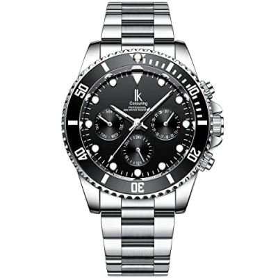 Immagine di Alienwork Orologio Automatico Uomo Donna Argento Bracciale in Acciaio Calendario Data Nero Multi funzione Fondo Vetro