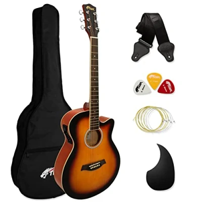 Immagine di TIGER ACG4 SB Chitarra elettroacustica 4/4 misura intera per principianti con equalizzatore a 3 bande integrato La confezione include custodia, tracolla e corde di ricambio Sunburst