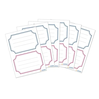 Immagine di HERMA 5781 etichette per libri da scrivere su bordo blu neutro rosso, 12 pezzi, 78 x 53 mm, autoadesive, a righe, scuola, bambini, ragazze, ragazzi, bianche