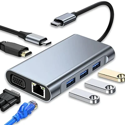 Immagine di SZPACMATE Hub adattatore multiporta USB C 7 in 1 con 4K HDMI VGA 3.0 100 W PD e Ethernet RJ45, dock compatibile MacBook Pro Air altri dispositivi di tipo C, grigio