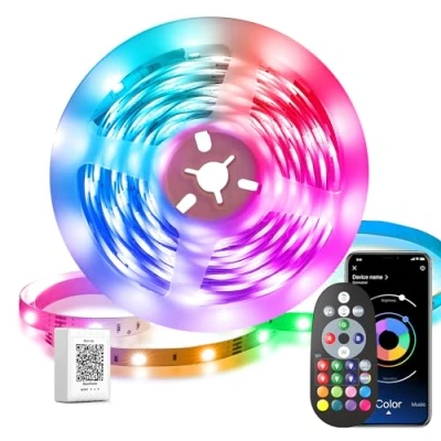 Immagine di striscia LED 10 m, RGB con controllo app, luminosa a LED, autoadesiva, musica, flessibile, per decorazioni natalizie, cucina, feste