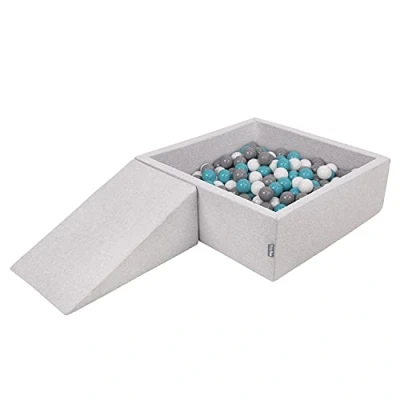 Immagine di KiddyMoon Area di Gioco in Schiuma con Quadrato Piscina Palline (200 Palline) per Bambini, Grigioch:Grigio/Bianco/Turchese
