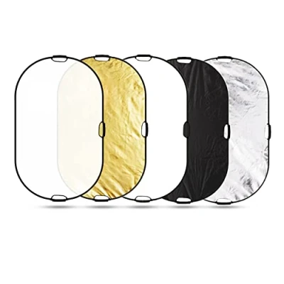 Immagine di Selens 5 in 1, 100 x 150 cm, riflettore ovale, portatile, pieghevole, per fotografia, studio fotografico, illuminazione esterna, diffusore, bianco, nero, argento, superficie dorata