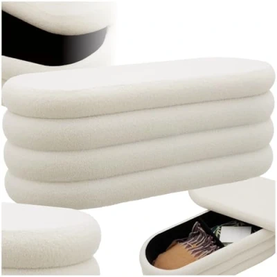 Immagine di TecTake® Panca Contenitore Imbottita, 2 Grandi Scomparti di Stivaggio, Rivestimento Bouclé, Pouf Letto Stile Scandinavo, Camera da Letto, Salotto Bouclé Crema/Bianco, 45x110x42 cm