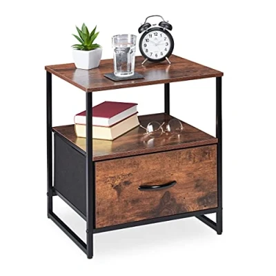 Immagine di Relaxdays Comodino in Stile Industriale,Tavolino con Cassetto, 2 Ripiani, da Ingresso, HLP 50x45x40 cm, Marrone/Nero, 60% Fibra 30% Ferro 10% Legno, 1 pz
