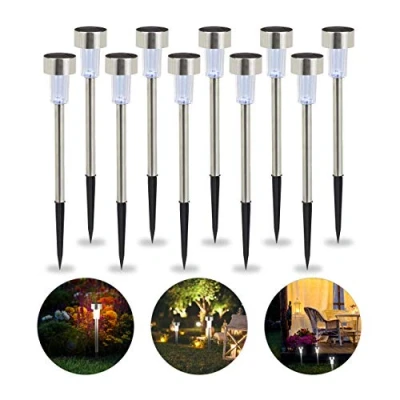 Immagine di relaxdays Set da 10 Lampade Solari a LED, Impermeabili, per Giardino, Balcone, in Acciaio Inox, Luce Bianca Argento