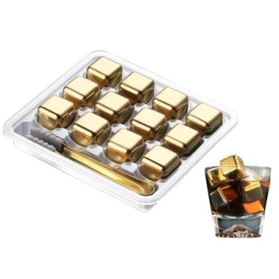 Immagine di Anlising 12PCS Cubetti di Ghiaccio Riutilizzabili in Acciaio Inox, Inox Riutilizzabili, Pietre Whisky Metallo, per Vino, Vodka, Liquore, Succo Bevanda (Oro)