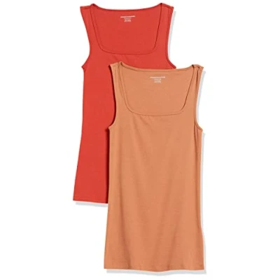 Immagine di Amazon Essentials Canottiera con Scollo Quadrato vestibilità Aderente Donna, Pacco da 2, Rosso Mattone/Caramello Chiaro, S