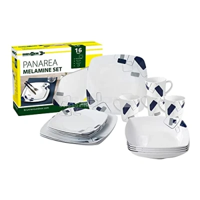 Immagine di BRUNNER Set stoviglie da Campeggio (Set 16 Pezzi) per 4 Persone Melamine Panarea in melamina di Alta qualità, Antiscivolo e Resistente