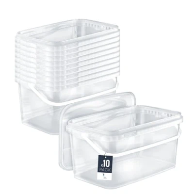 Immagine di BenBow Secchio rettangolare con coperchio 10x 5l trasparente adatto al contatto alimenti, contenitore di plastica impilabile manico vuoto
