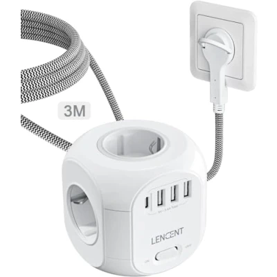 Immagine di LENCENT 8 in 1 Multipresa Cubo da 3 Metri, Elettrica con Spina Piatta, 4 Prese AC(2500W 10A), USB A e A, Salvaspazio Interruttore per Ufficio Casa