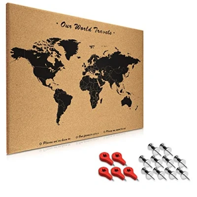 Immagine di Navaris Bacheca in sughero 70x50cm Lavagna con 15 puntine e set di fissaggio Cork Memoboard Pannello mappamondo
