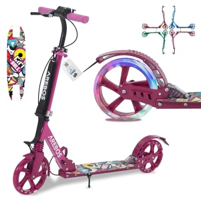 Immagine di Arebos Monopattino a spinta con ruote LED in gomma Sospensione anteriore Portabottiglie e campanello Rosa