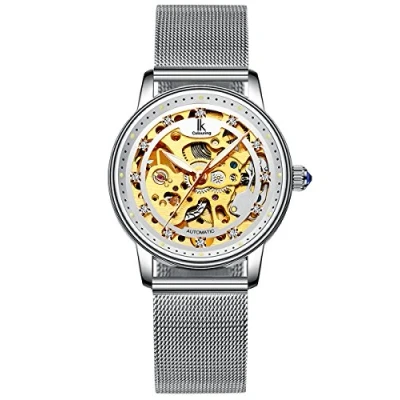 Immagine di Alienwork Orologio Automatico Donna Argento Cinturino in Maglia Metallo Bianco Scheletro Fondo Vetro