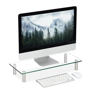Immagine di Relaxdays Supporto Monitor, Alzatina per TV, Standing Computer Desk, Rialzo Scrivania, Regolabile, 56x24 cm, trasparente