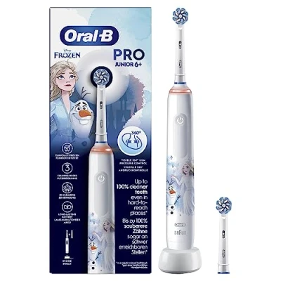 Immagine di Oral B Spazzolino Elettrico Ricaricabile Junior Frozen +6 Anni, Sensore di Pressione, Insegna un Corretto Spazzolamento, Utilizzabile con Disney Magic Timer, 2 Testine, 1 Spazzolino, Idea Regalo