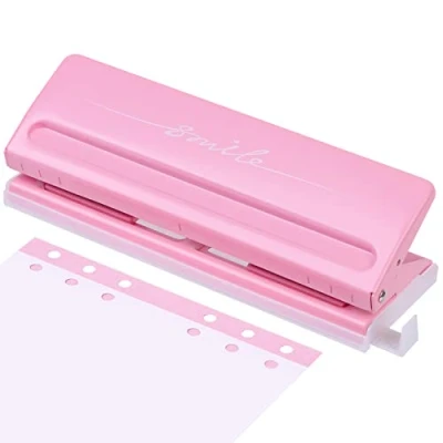 Immagine di Cucitrice a Pinza, Mini Perforatore 6 Fori, Buca Fogli Distanze Regolabili Bucatrice, Scomparti per A4 A5 A6 B7 Fora Fino (rosa)