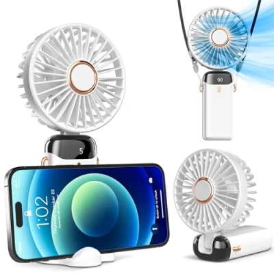 Immagine di Koonie Ventilatore portatile a batteria, con base, 8 ore, display digitale, 5 velocità, regolabile 90, ricaricabile, per interni ed esterni, colore: bianco