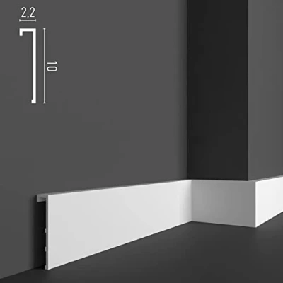Immagine di Battiscopa coprimarmo da 2 metri, misure 10 x 2,2 cm, zoccolino in duropolimero hdps (più resistente del pvc e legno) bianco pitturabile, con passacavi, passatubi, non fa muffa