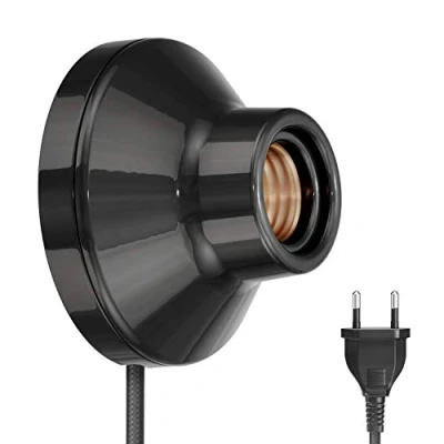 Immagine di ledscom.de presa per lampada/illuminazione a parete ELEKTRA, spina, interruttore, porcellana, nero lucido, rotonda, 1x E27 max. 300W, lampada da studio, di collegamento diretta, stile
